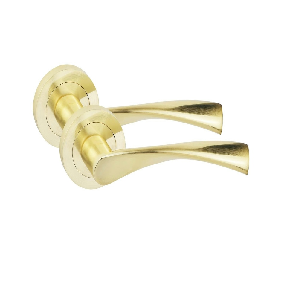 image 1 of Golden Grace 6 Sets Astrid Design Door Handles in Satin Brass Finish with Tubular Latch and 1 Pair of 3" Ball Bearing Hinges | Gold | 6 Set