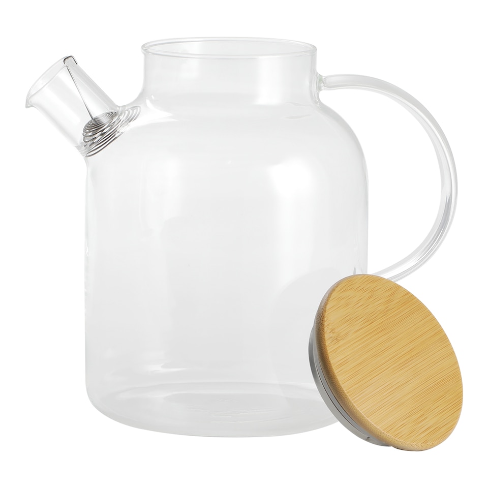 image 1 of Living and Home 1800ml Clear Glass Teapot with Bamboo Lid, Stovetop Safe | Clear