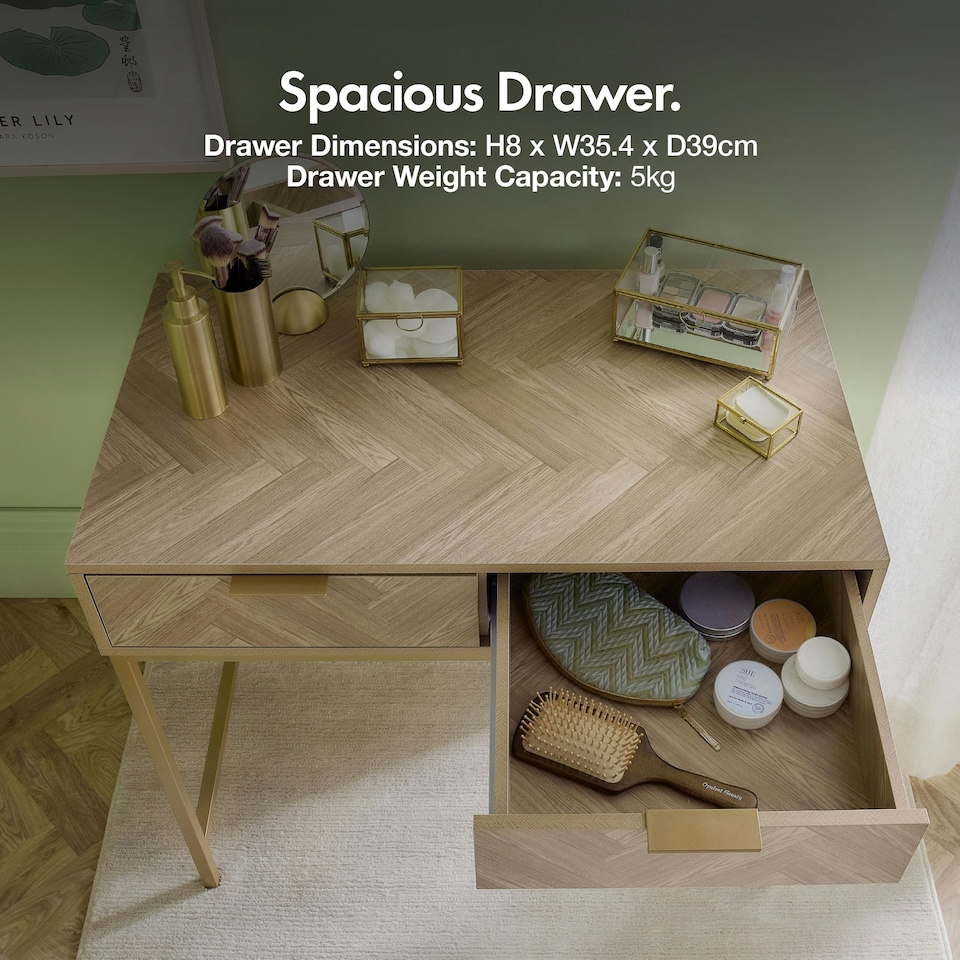 image 1 of VonHaus Ducie Dressing Table with Gold Frame and Herringbone Finish | Brown