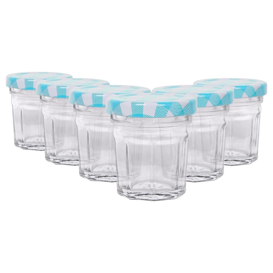 image 1 of Argon Tableware Glass Jam Jars with Blue Gingham Lids - 30ml - Pack of 6
