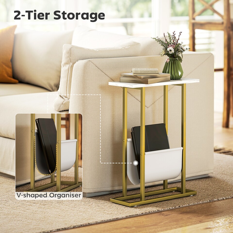 image 1 of HOMCOM Narrow Side Table, End Table with Magazine Holder for Small Spaces | White | White