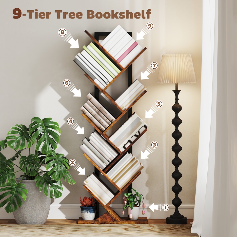 image 1 of HOMCOM 9-Tier Tree Bookshelf, Industrial Free Standing Bookcase with Steel Frame, Display Storage Unit for CDs, DVDs, Albums, Living Room, Bedroom, Home Office, Study, Rustic Brown | Brown