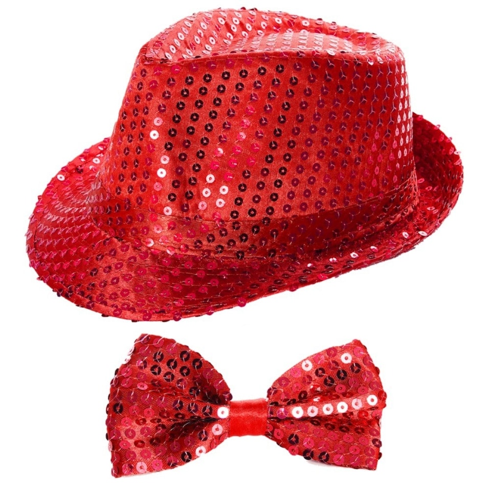 image 1 of Red Accessory Set - Sequin Trilby & Bow Tie Red | One Size