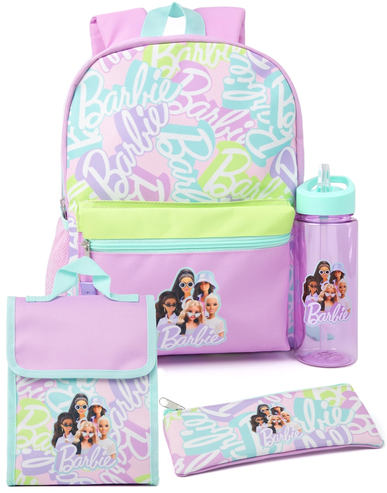 image 1 of Barbie Girls Backpack Set | Kids 4 Piece Purple Rucksack Bundle with School Bag, Pencil Case, Lunch Bag & Water Bottle | Dolls Classic Logo Graphic Complete Matching Set | Back to School Gifts | Purple | Purple