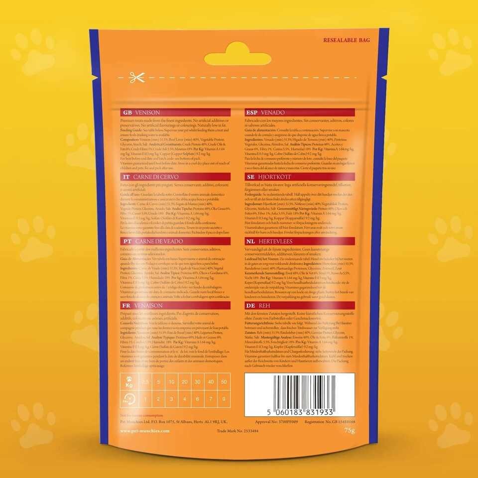 image 1 of Pet Munchies Venison Strips Dog Treats, Premium Wheat Free Dog Chews with Natural Real Meat, Low in Fat and High in Protein 75g (Pack of 8)