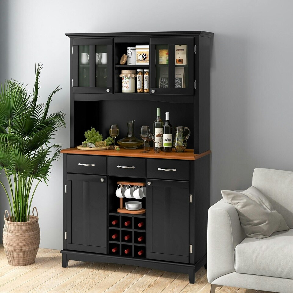 image 1 of COSTWAY Kitchen Cupboard with Adjustable Shelves and Drawers Black