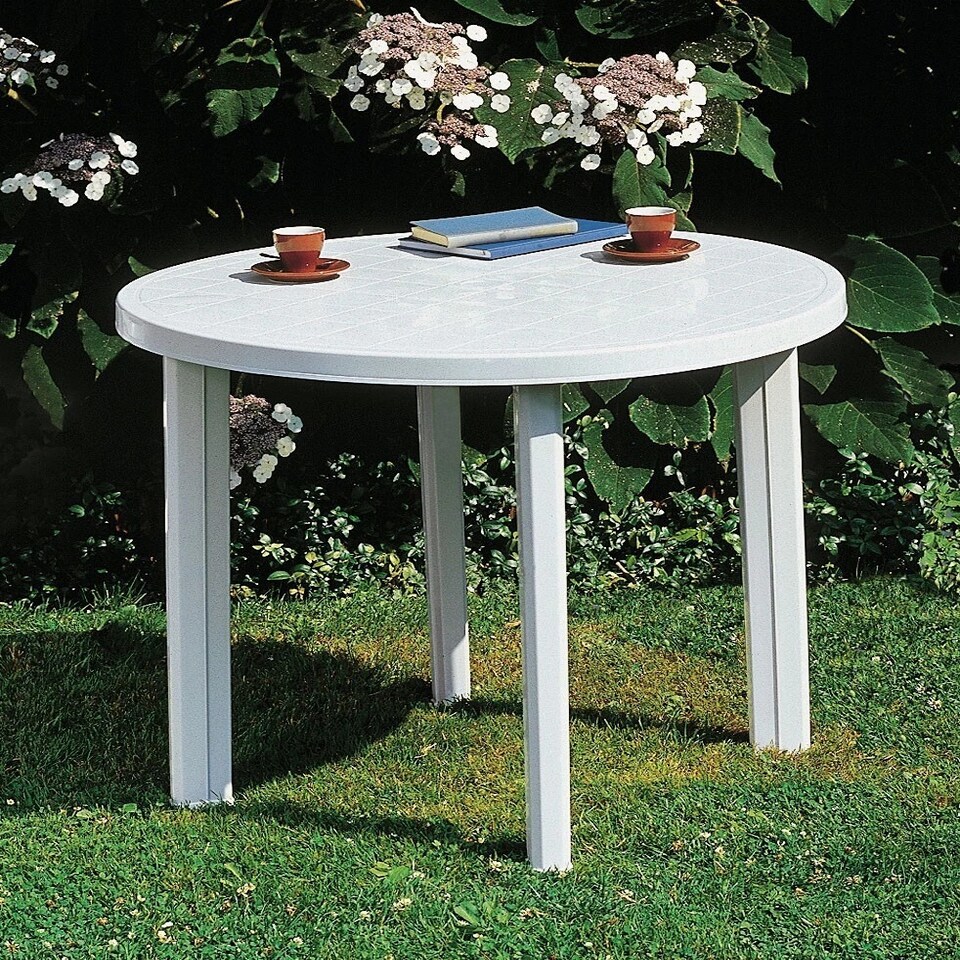 image 1 of Round Plastic Table & 2 Folding Chairs Set with Armrests Garden Patio Furniture