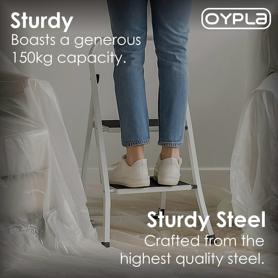 image 1 of Oypla Foldable 2 Step Ladder Stepladder Non Slip Tread Safety Steel White