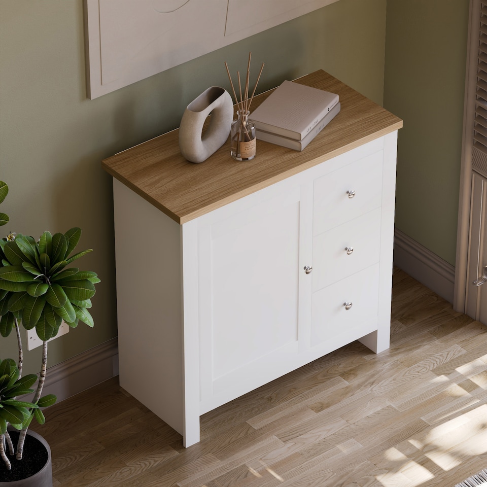 image 1 of Vida Designs Arlington 3 Drawer 1 Door Sideboard Shaker Buffet Cabinet Storage, White & Oak | White | White & Oak | 1