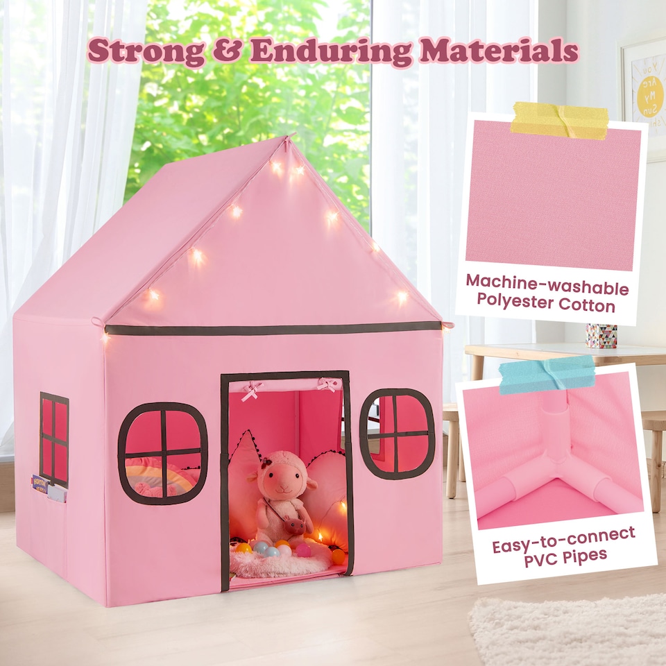 image 1 of COSTWAY Kids Play Tent Large Playhouse w/ Door Curtain & Windows-Pink + Grey