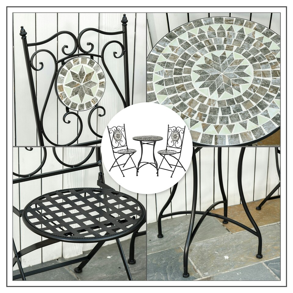 image 1 of Outsunny 3 Pcs Mosaic Tile Garden Bistro Set Outdoor w/ Table 2 Folding Chairs