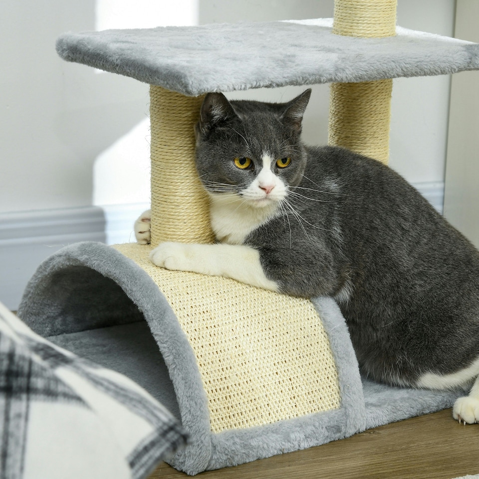 image 1 of PawHut 72cm Cat Tree Tower with Scratching Post Perch, Indoor, Light Grey