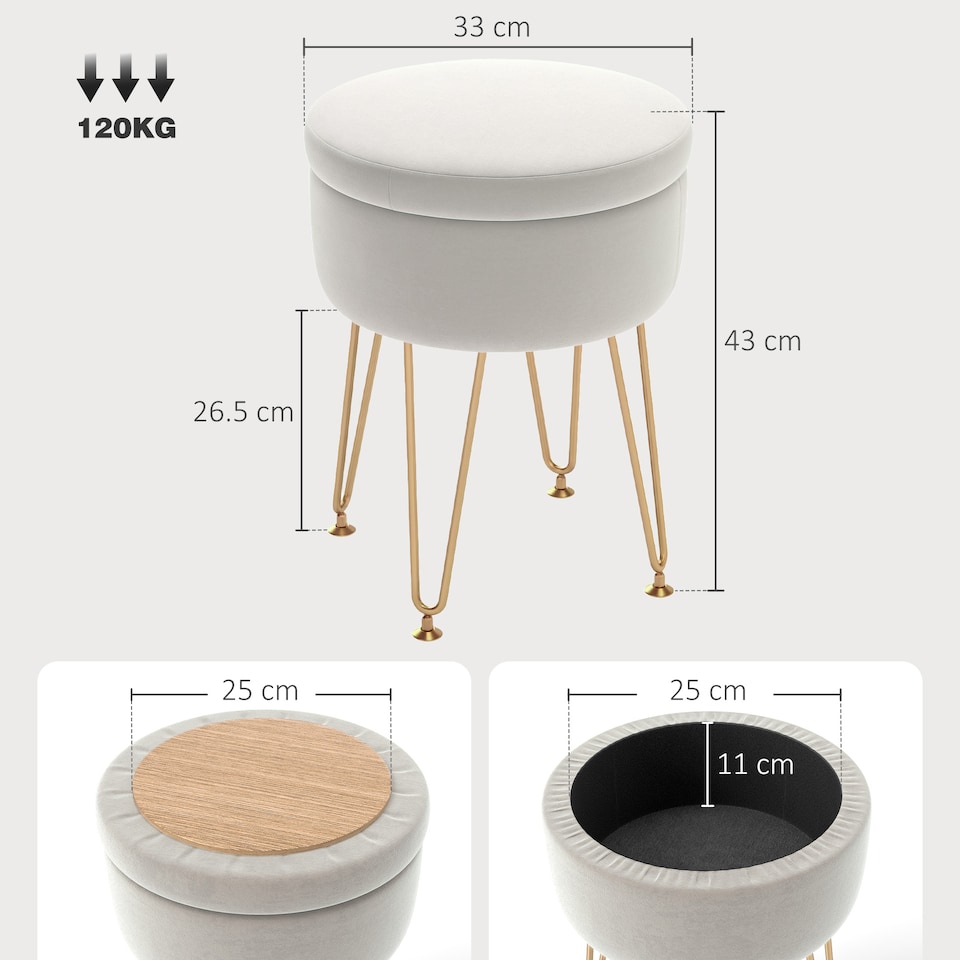 image 1 of HOMCOM 5L Velvet Storage Ottoman, Modern Round Footstool with Metal Hairpin Legs and Removable Lid, Dressing Table Stool Side Table for Hallway, Bedroom, Living Room, 33 x 33 x 43 cm, Cream White