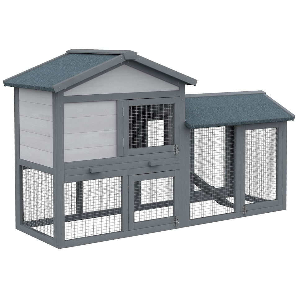 image 1 of PawHut Rabbit Hutch, Guinea Pig Hutch Outdoor Double Tier w/ Ramp, Grey