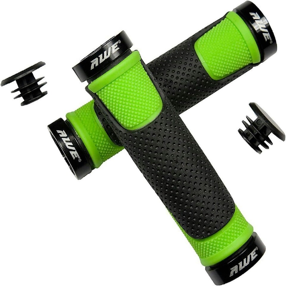 image 1 of AWE AWEGrip Alloy BMX MTB Bike Green/Black Handlebar Locking Grips + End Caps