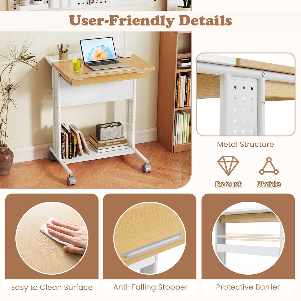image 1 of COSTWAY Rolling Portable Desk C-Shaped Computer Cart White
