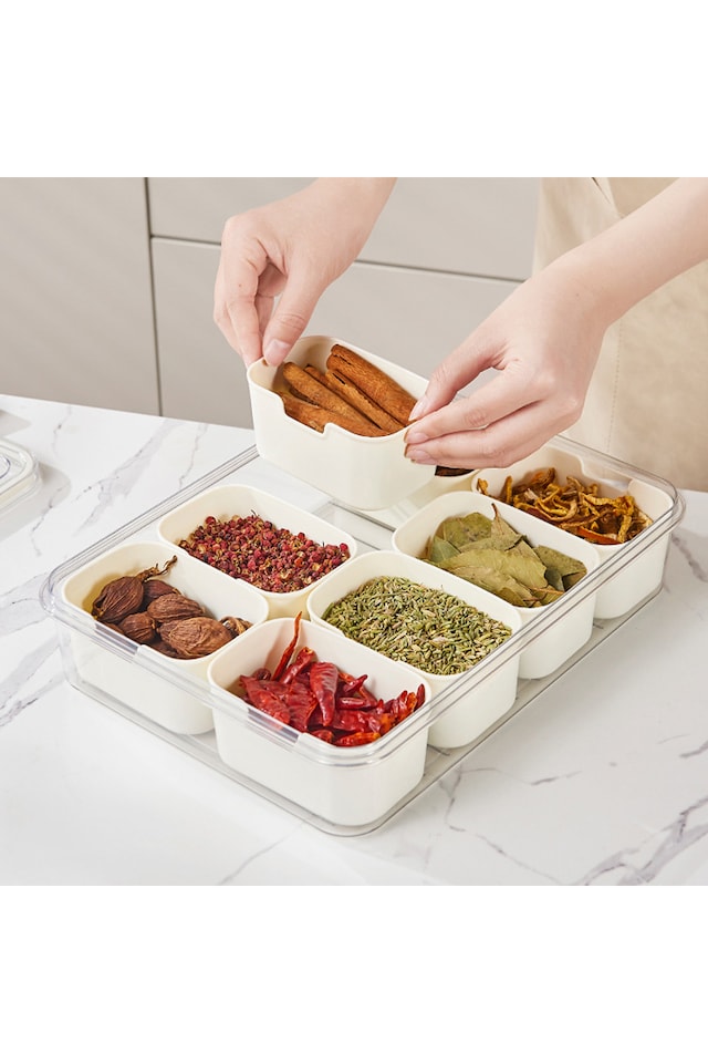 image 1 of Living and Home Food Storage Container with 8 Compartments for Fridge or Picnic,30.5cm W x 23.5cm D x 7cm H | White