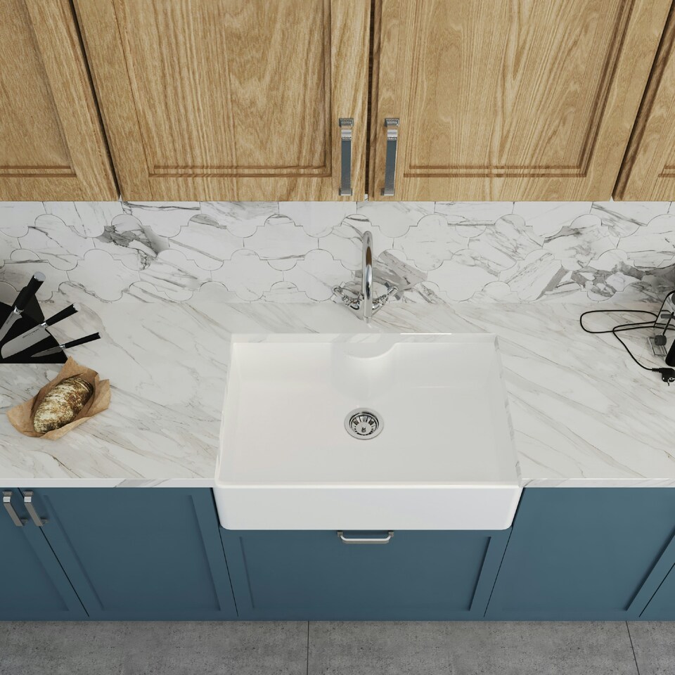 image 1 of 795mm - Fireclay 1 Bowl Butler Kitchen Sink - Mono Mixer Tap, Tap Ledge & Waste