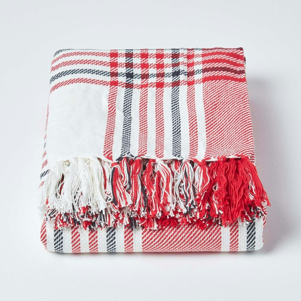 image 1 of Homescapes Red Tartan Check Sofa and Bed Throw - 225 x 255 cm Red