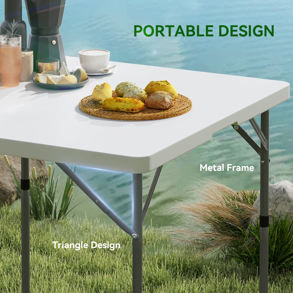image 1 of Outsunny 3ft Folding Camping Table, Heavy Duty Picnic Table with 2 Adjustable Height for Indoor Outdoor Garden, Party, BBQ, White | White | White | 86L x 86W x 74Hcm