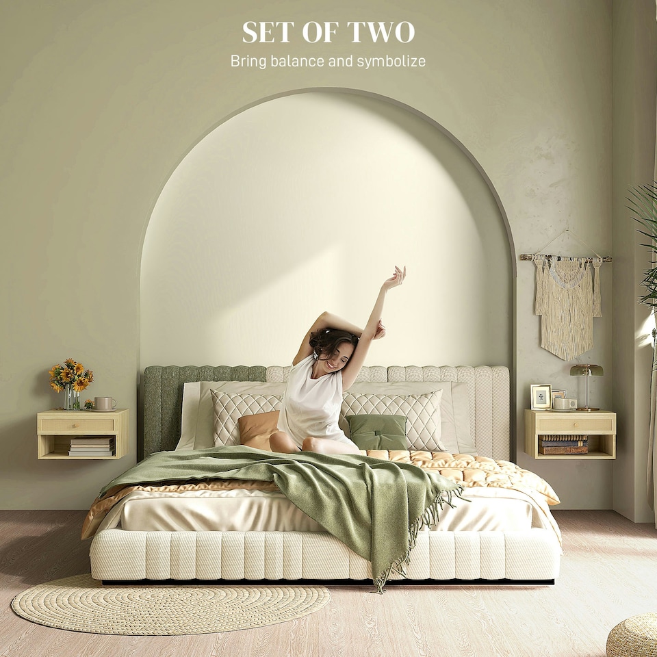 image 1 of Floating Nightstands Set of 2 with Rattan Drawer and Storage Shelf for Bedroom