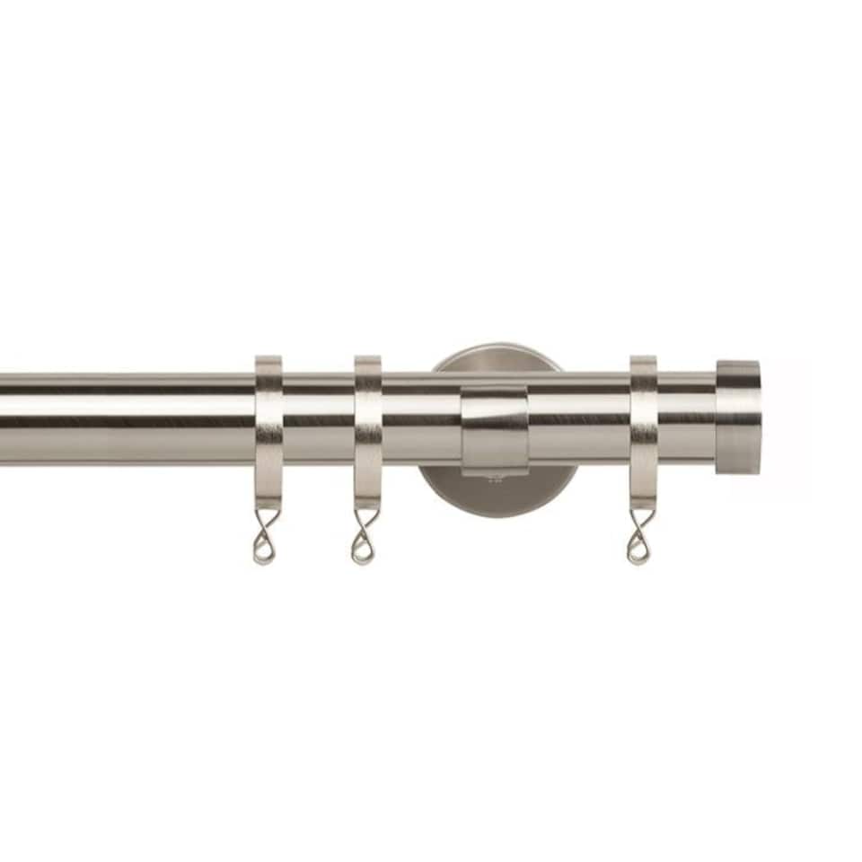 image 1 of 35mm Fixed Length Metal Curtain Pole Set Satin Silver End Cap Finial 210cm | Silver | Silver