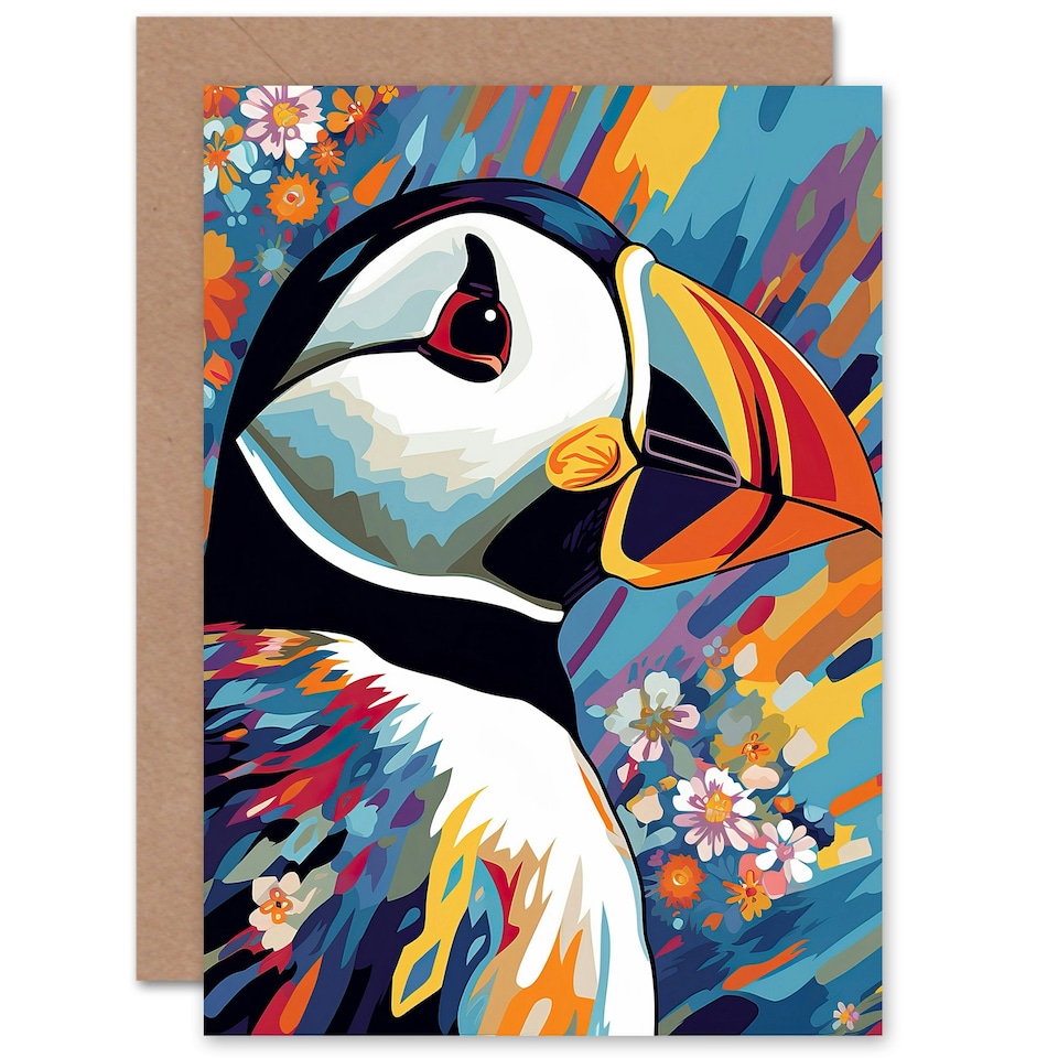 image 1 of Flowers Vibrant Colourful Puffin Birthday Card