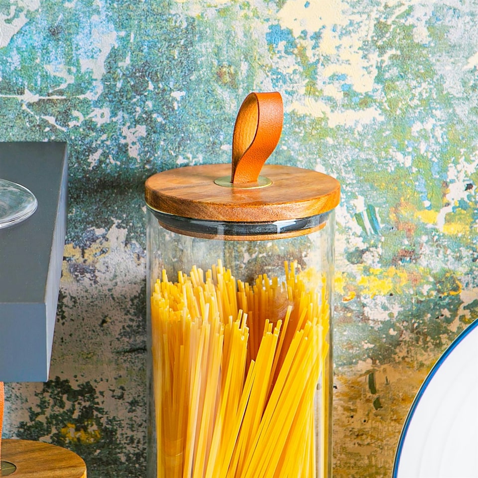 image 1 of Argon Tableware Glass Storage Jar with Wooden Lid - Leather Loop - 2 Litre