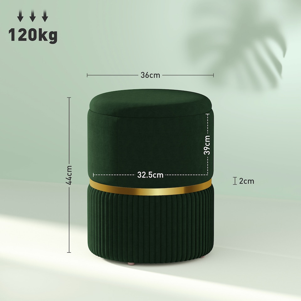 image 1 of HOMCOM Round Pouffe, Storage Footstool with Cushioned Top, Dark Green