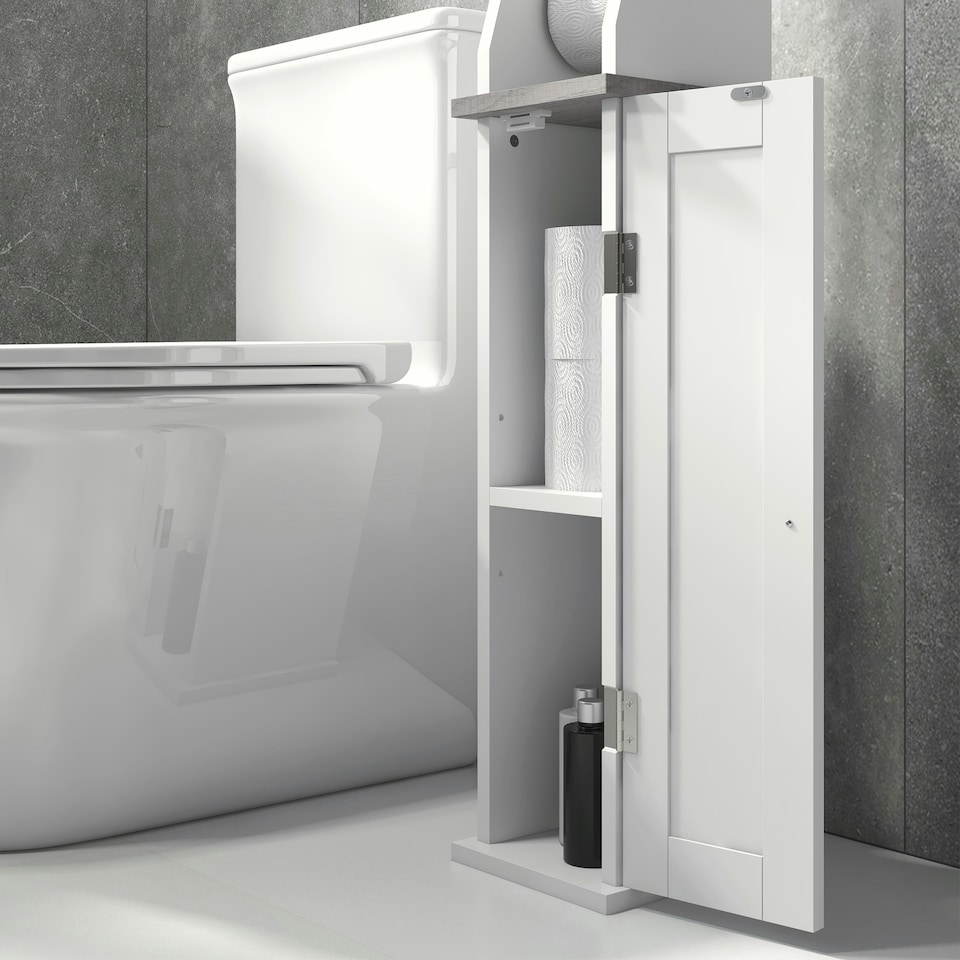image 1 of kleankin Slim Toilet Roll Storage Unit with Cupboard and Adjustable Shelf, White
