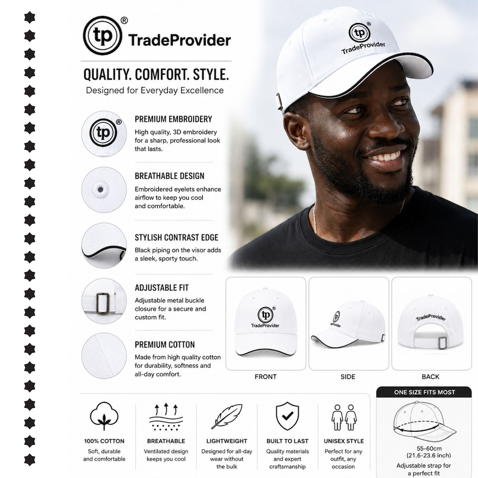 image 1 of TradeProvider Premium Adjustable Baseball Cap, Curved Peak with Contrast Pipping for Men & Women (White)