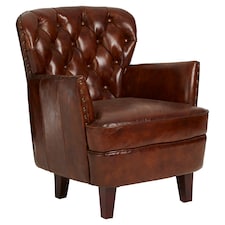 Mocha Brown Button Back Armchair,Lounge Chair With Quilted Backrest,Metallic Studded Seat With Walnut Feet Brown