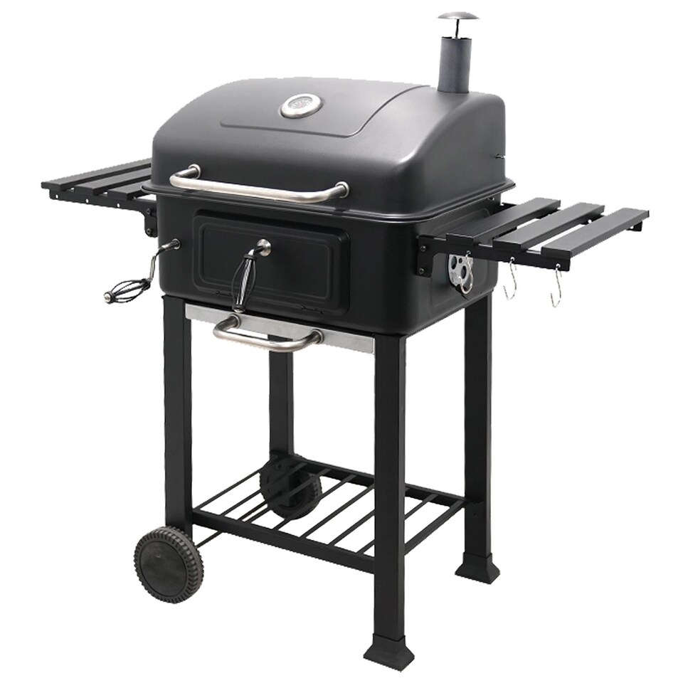 image 1 of House of Home BBQ Smoker Grill Folding Tables, Thermometer, Adjustable Charcoal Pan, Chimney