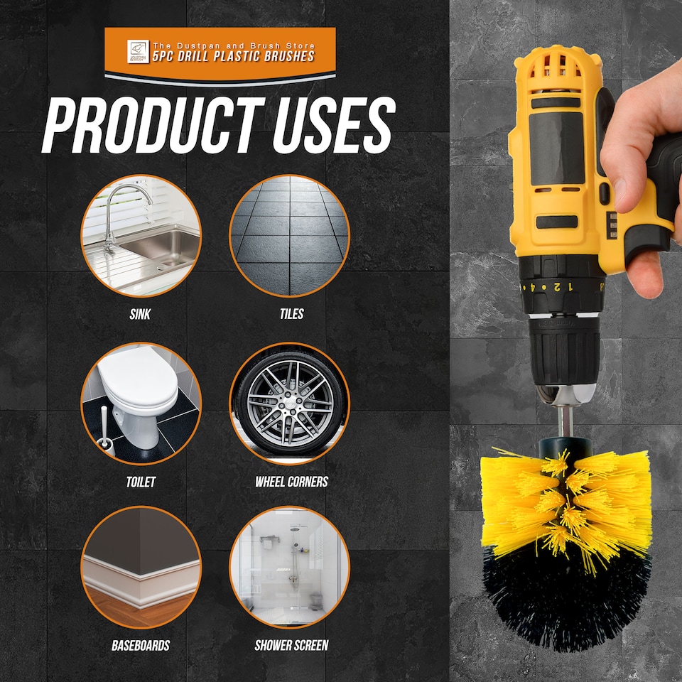 image 1 of 5 Piece Drill Cleaning Brush Set with Nylon Bristles, Plastic Power Scrubber Attachments for Bathroom, Car and Carpet Cleaning