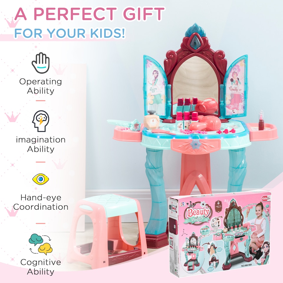 image 1 of AIYAPLAY 31 Pieces Kids Dressing Table Set with Magical Princess Mirror, Music Lights, Makeup Accessories, Hair Dryer, Chair, Drawer for Ages 3-6 Years