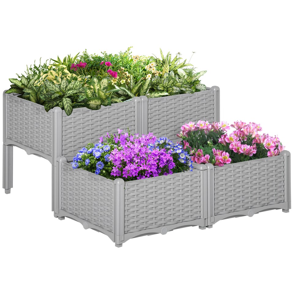 image 1 of Outsunny 4-pieces Elevated Flower Bed Vegetable Herb Planter Plastic, Grey