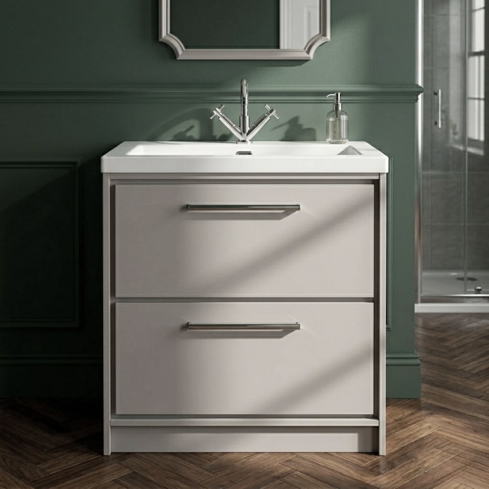 image 1 of Balterley Modern Bathroom Floor Standing 2 Soft-Close Drawer Vanity Fireclay Basin | Grey | Pebble Grey | 845 x 813 x 462mm