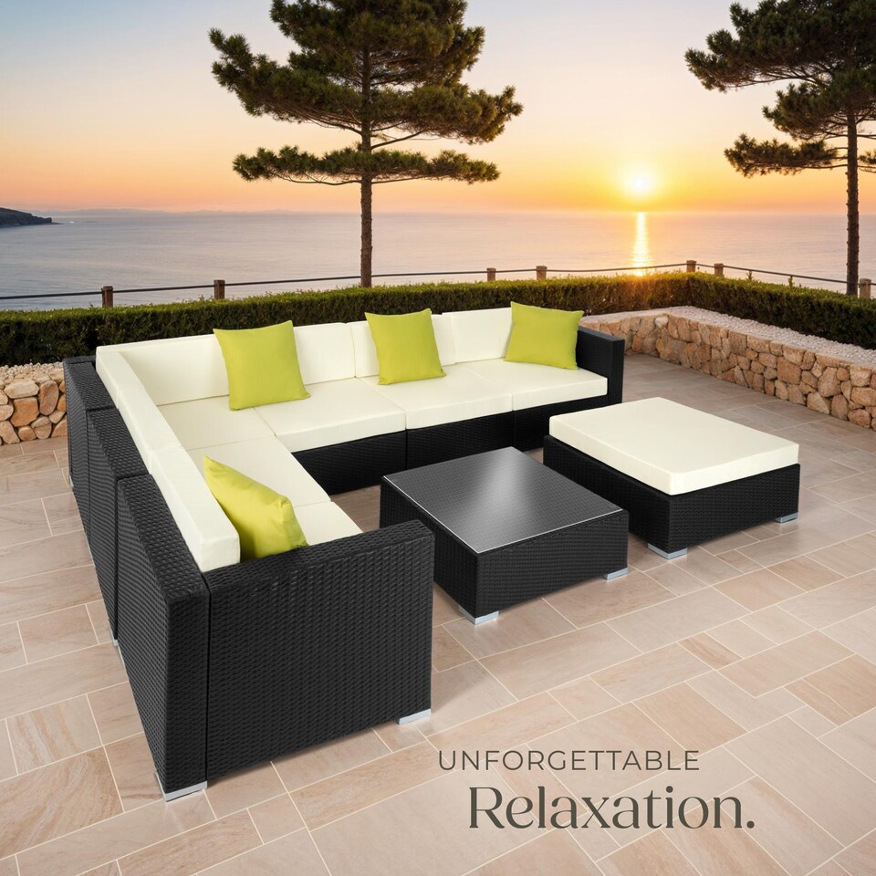 image 1 of Garden Furniture Set Marbella - 7 seater outdoor corner sofa, table, thick cushions | Black | black | 74 x 74 x 36 cm | 1