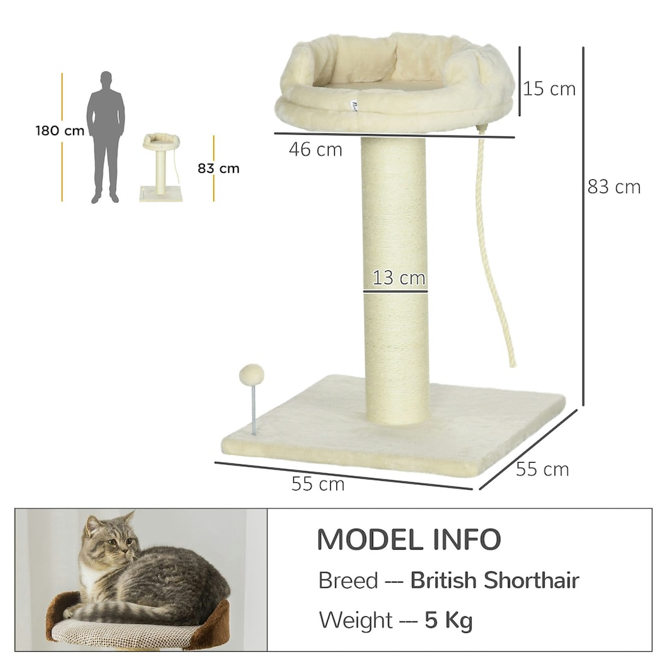 image 1 of PawHut 83cm Cat Tree Tower with Scratching Post, Kitten Bed, Toy, Cream