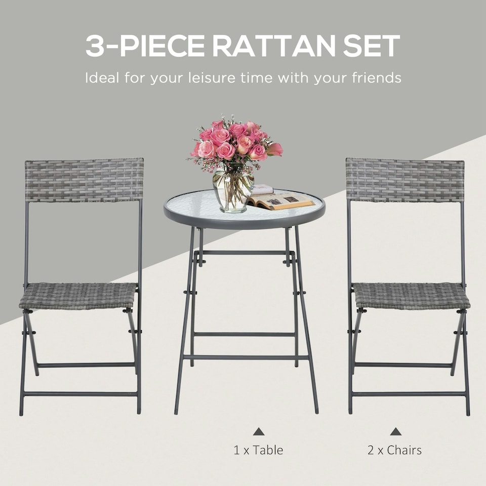 image 1 of Outsunny 3 PCs Patio Wicker Bistro Set Foldable Table and Chair Set for Outdoor