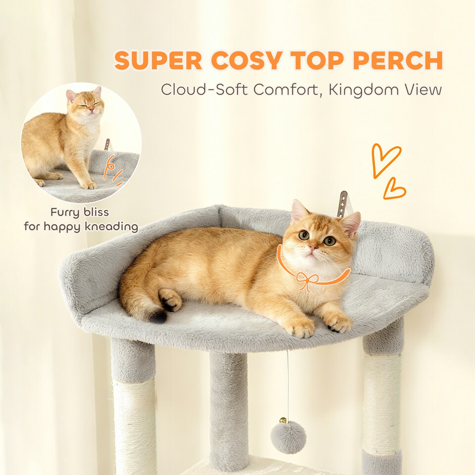 image 1 of PawHut Cat Tree, 170 cm Large Cat Tower with 7 Scratching Posts, 1 Tunnel, 2 Condos, 1 Hammock, 1 Perch, 1 Ramp, 3 Platforms, 2 Pompoms, Multi-Level Kitty House for Indoor Kittens, Light Grey