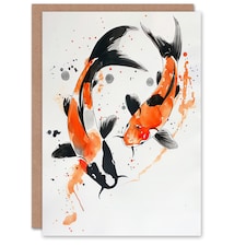 Greeting Card Two Koi Carp Japanese Fish Bright Watercolour Birthday