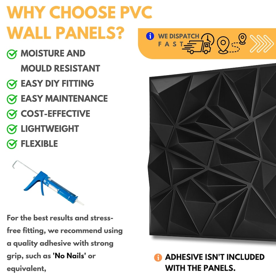 image 1 of NOVECRAFTO Diamond Effect 3D Wall Panels – 6 Sheets Covering 1.5 sqm (16.15 sqft) – Matte Interior PVC Cladding Tiles – 19.6"x19.6" Diamond Design Black