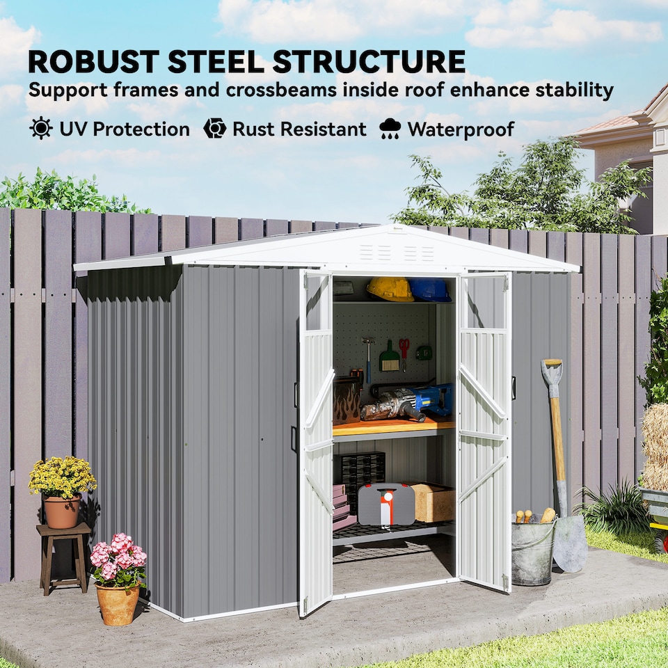 image 1 of Outsunny 8 x 4 ft Garden Storage Shed, Outdoor Metal Shed, Light Grey | Grey | Light Grey | 1