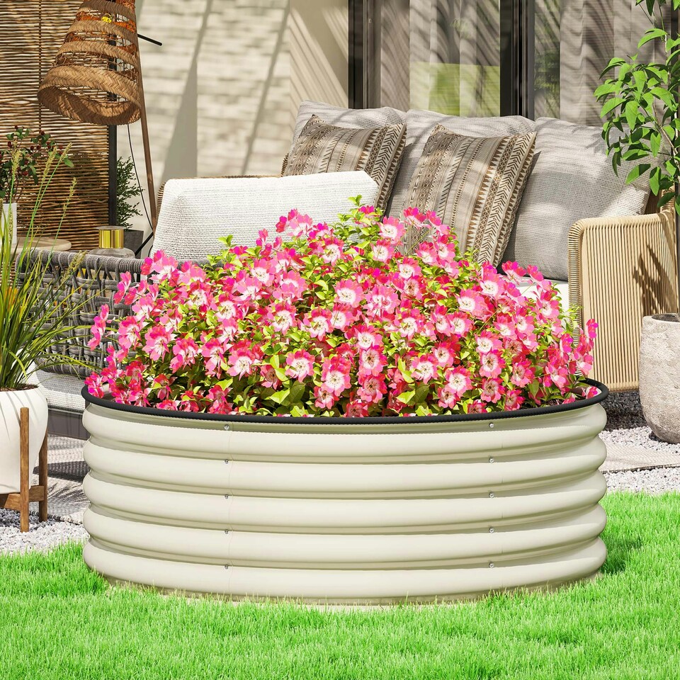 image 1 of Outsunny Galvanised Planter with Gloves, 120 x 120 x 43cm, Cream White Cream