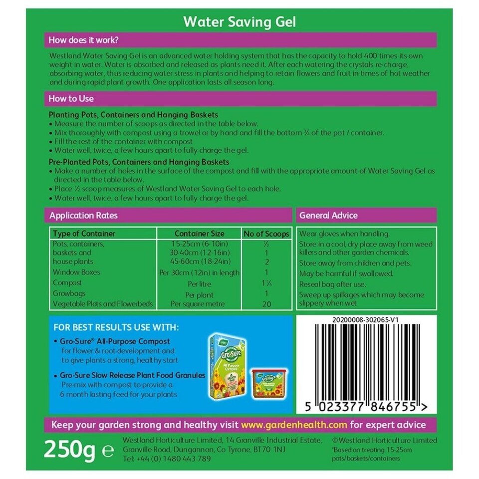 image 1 of Westland Water Saving Gel 3 x 250g Plant Soil Moisture Retention Gel for Pots Garden Patio Containers Hydration Booster