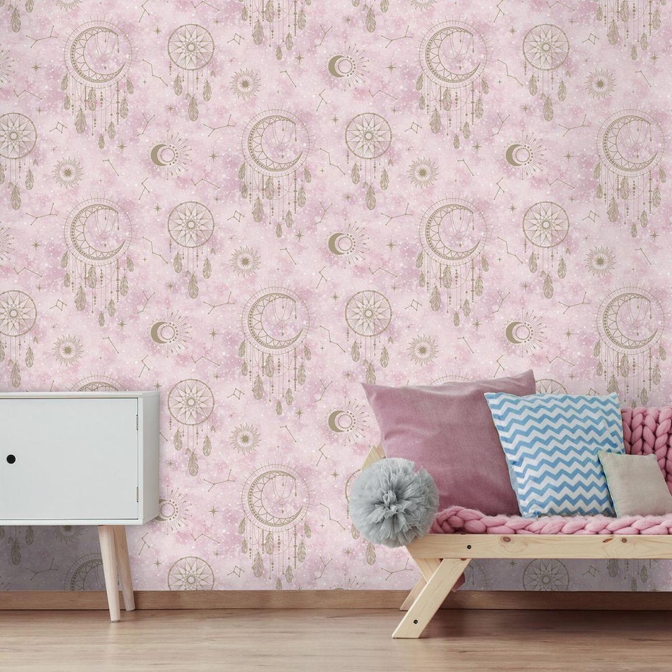 image 1 of WallpaperShop Dreamcatcher Pink Gold Wallpaper Children's Bedroom Feature Wall