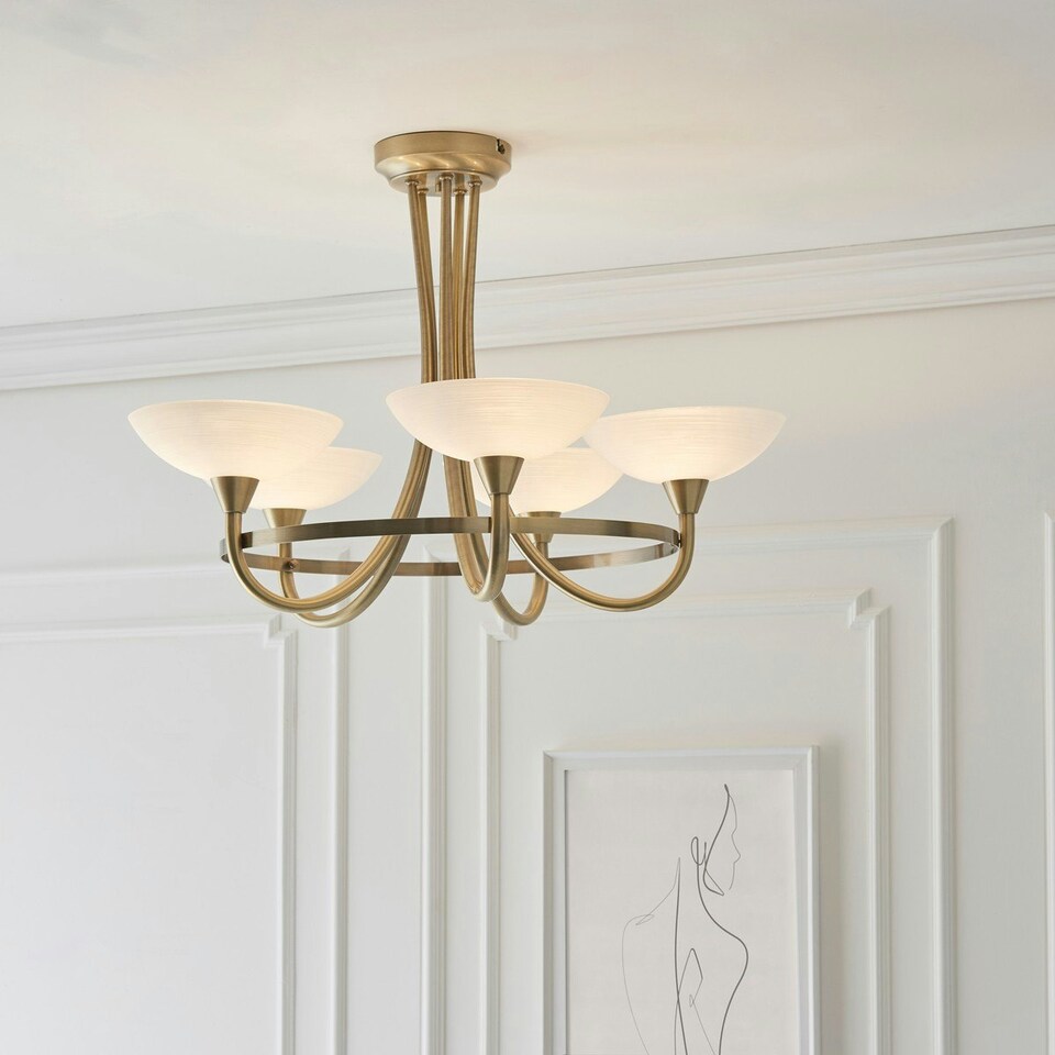 image 1 of Cagney 5 Light Semi Flush Multi Arm Ceiling Light Antique Brass, White Glass, G9