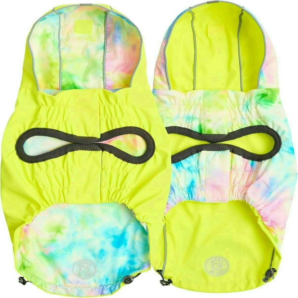 image 1 of GF Pet Dog Raincoat Elasto-Fit Reversible Coat for Dogs Waterproof Hooded Jacket - Neon Aqua & Iridescent - Medium