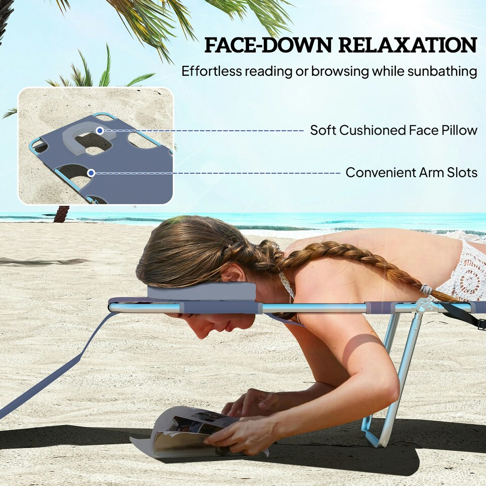 image 1 of Outsunny Chaise Lounge Portable Adjustable Backrest with Face Cavity Grey